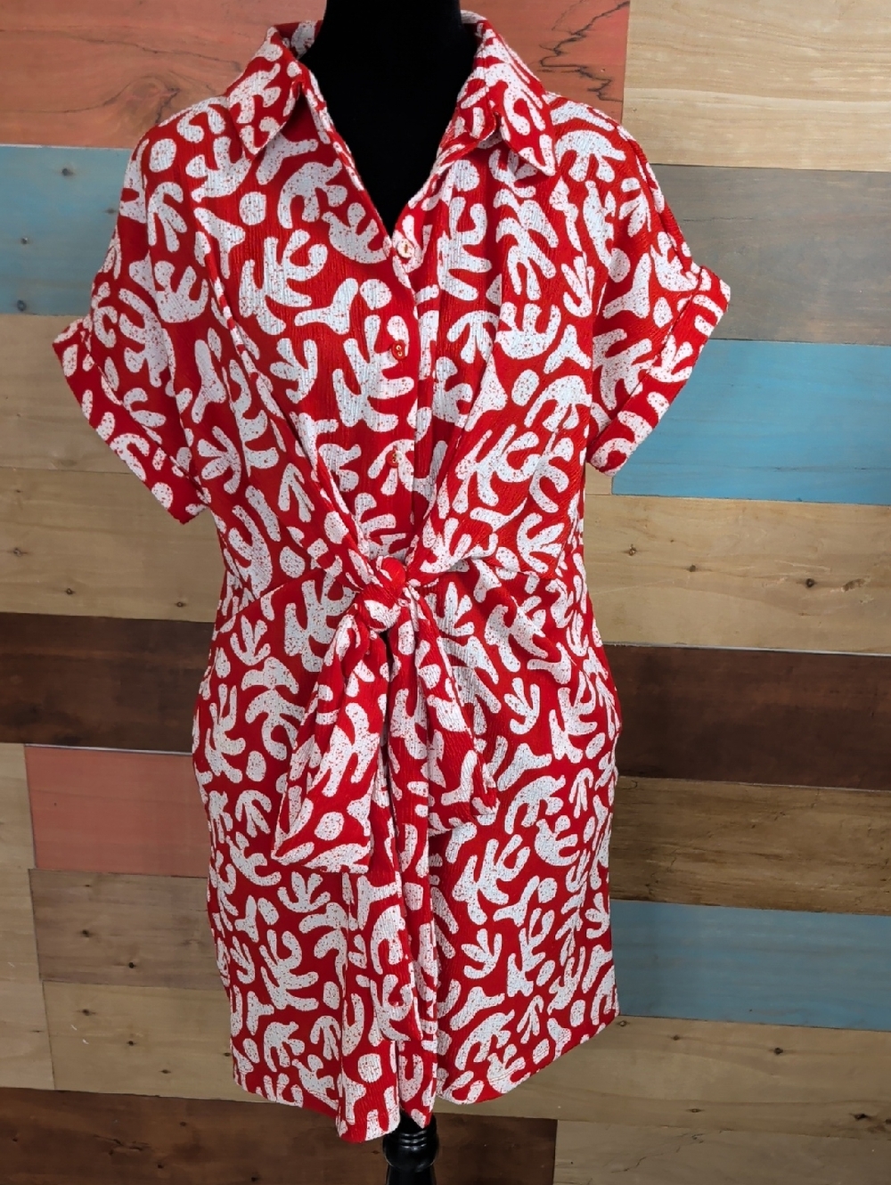 Red & White Tie-Front Mini Shirt Dress